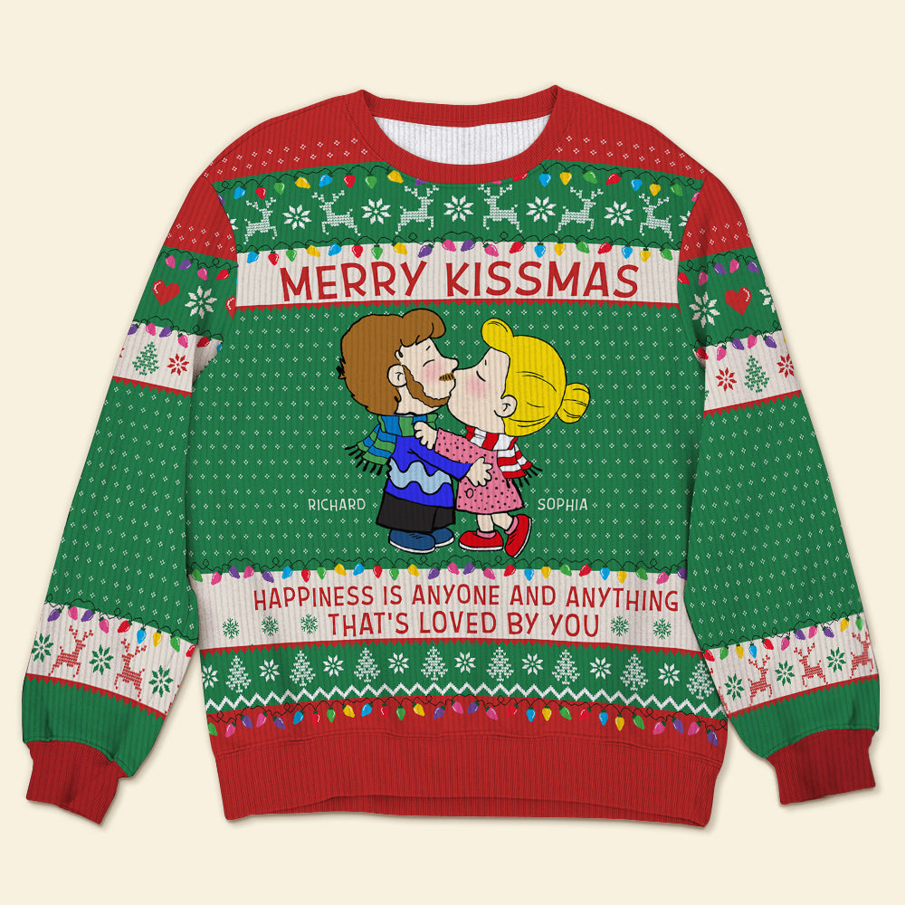 Custom Cartoon Couple Ugly Christmas Sweater - Merry Kissmas Edition