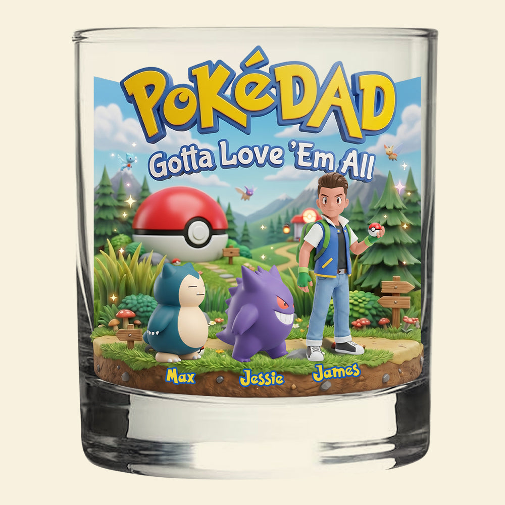 “Gotta Love 'Em All” - Adventure Game Dad and Kids Round Glass - Personalized Gift for Dads, Grandpas, and Gamers Glass PopCulturePrints