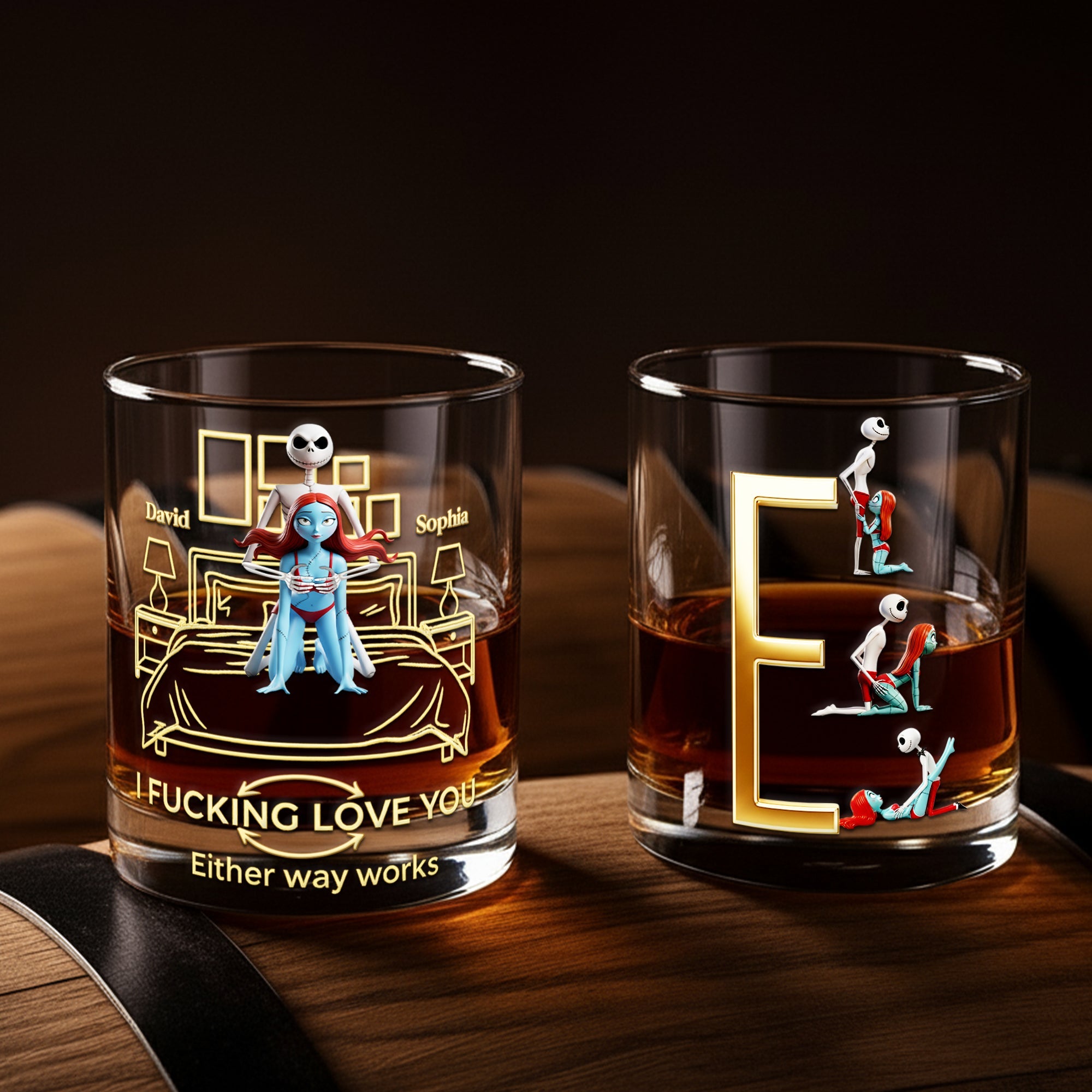 "Together in Sips, Forever in Love" - Playful Skeleton Couple Round Glass - Custom Personalized Gift for Couples Glass PopCulturePrints