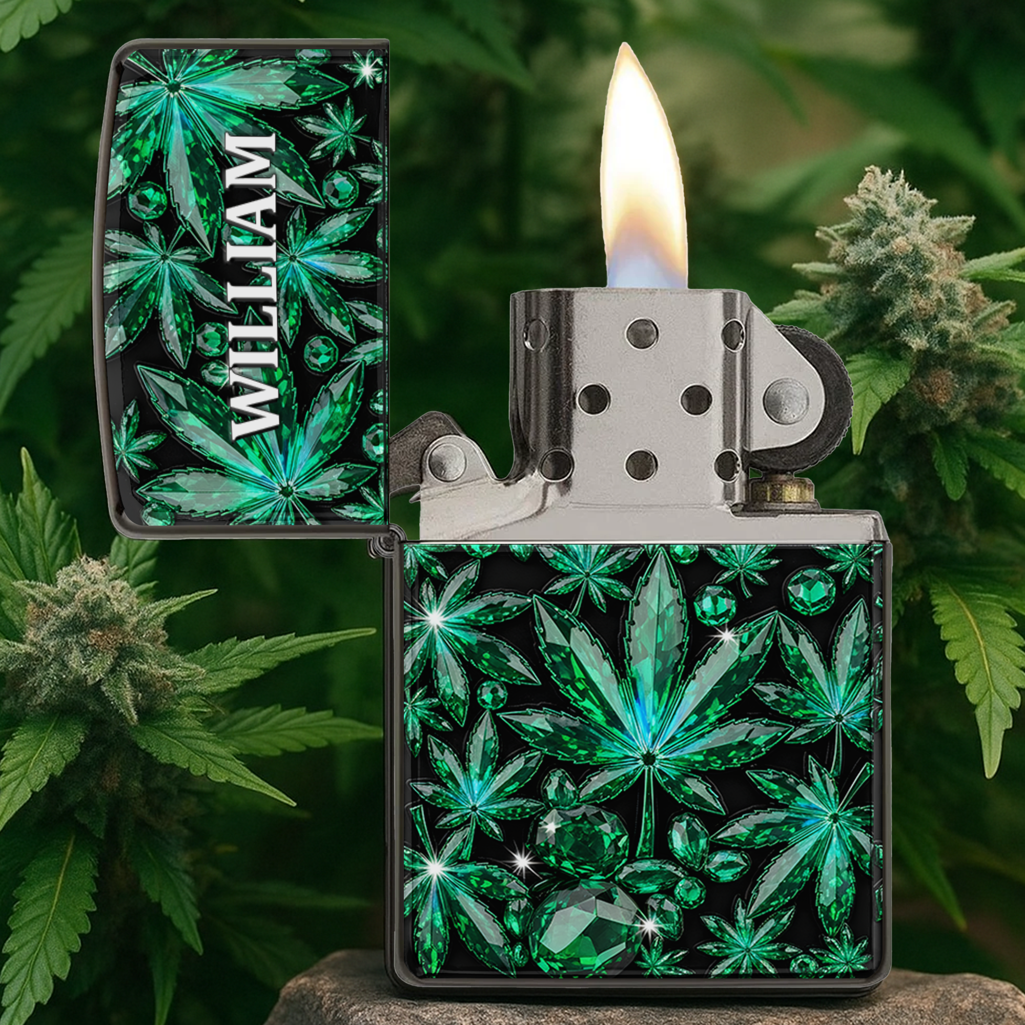 Ignite Your Style: Custom Crystal Leaf Lighter - Personalized Gifts for Stoners Lighter PopCulturePrints