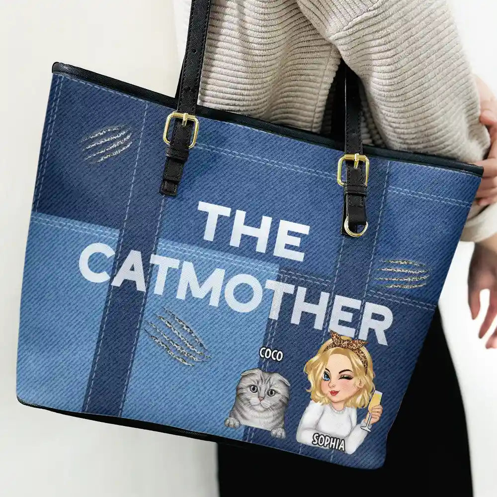 The Catmother - Personalized Leather Tote Bag for Cat Lovers Leather Tote Bag PopCulturePrints