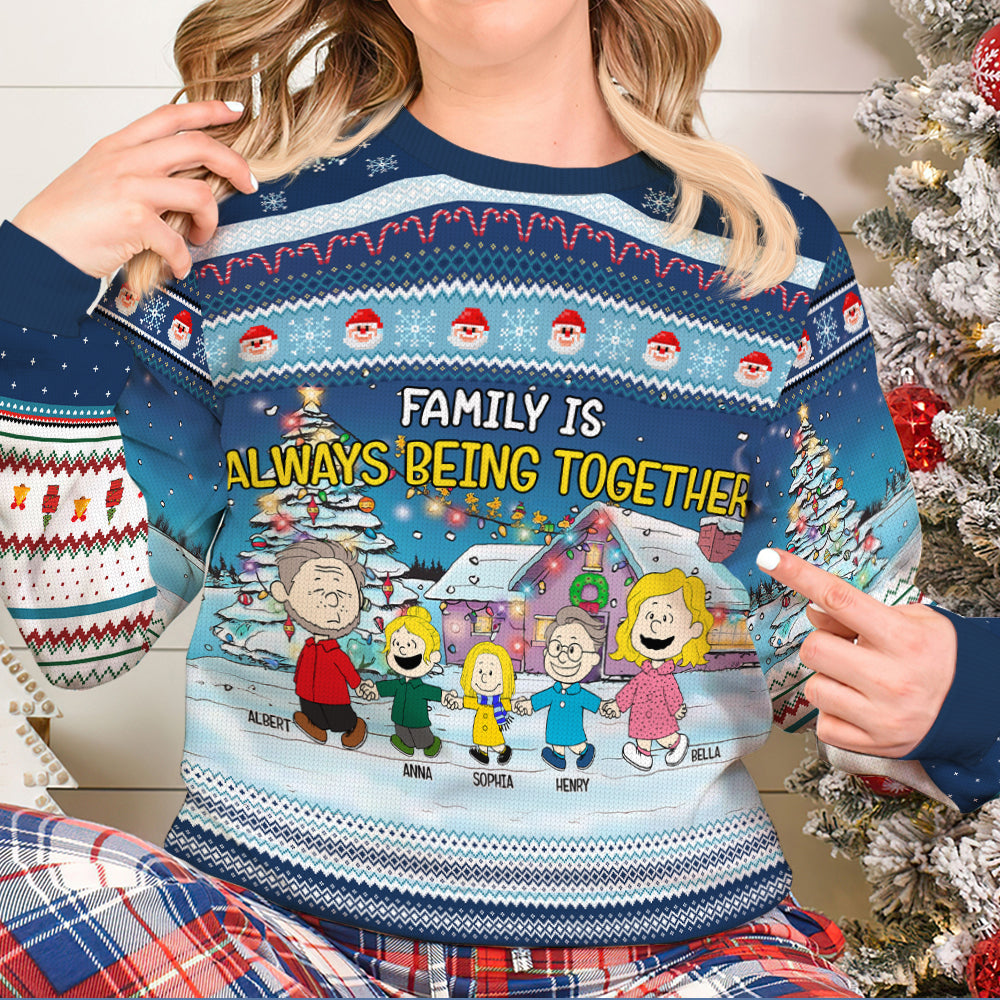 Personalized Cartoon Family Walking Hand In Hand Ugly Christmas Sweater