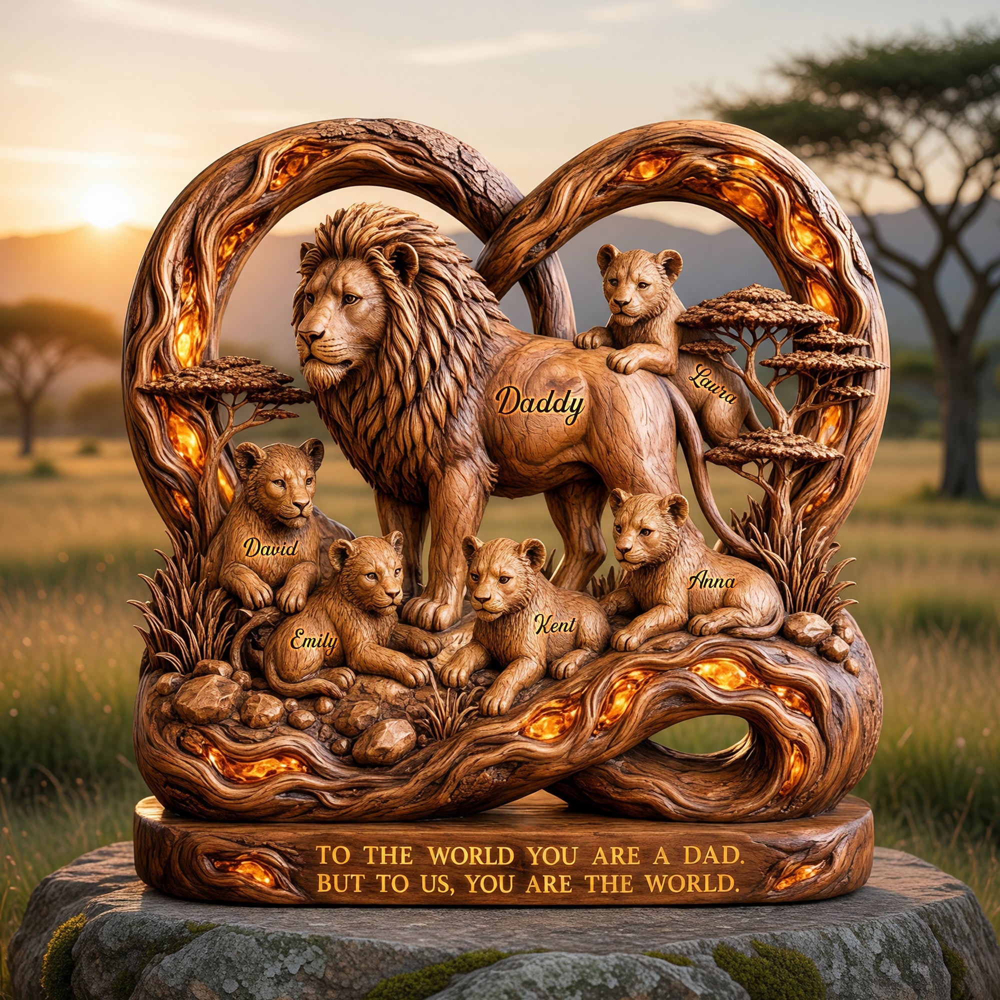 “To the World You Are a Dad, But to Us, You Are the World” - Lion Dad and Kids Acrylic Plaque - Personalized Gift for Dad, Grandpa, or Any Special Father Figure Shaped Plaques PopCulturePrints