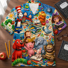 Load image into Gallery viewer, “Celebrate Learning with Joy!” - Back to School Book Character Hawaiian Shirt - Personalized Gifts for Teachers

