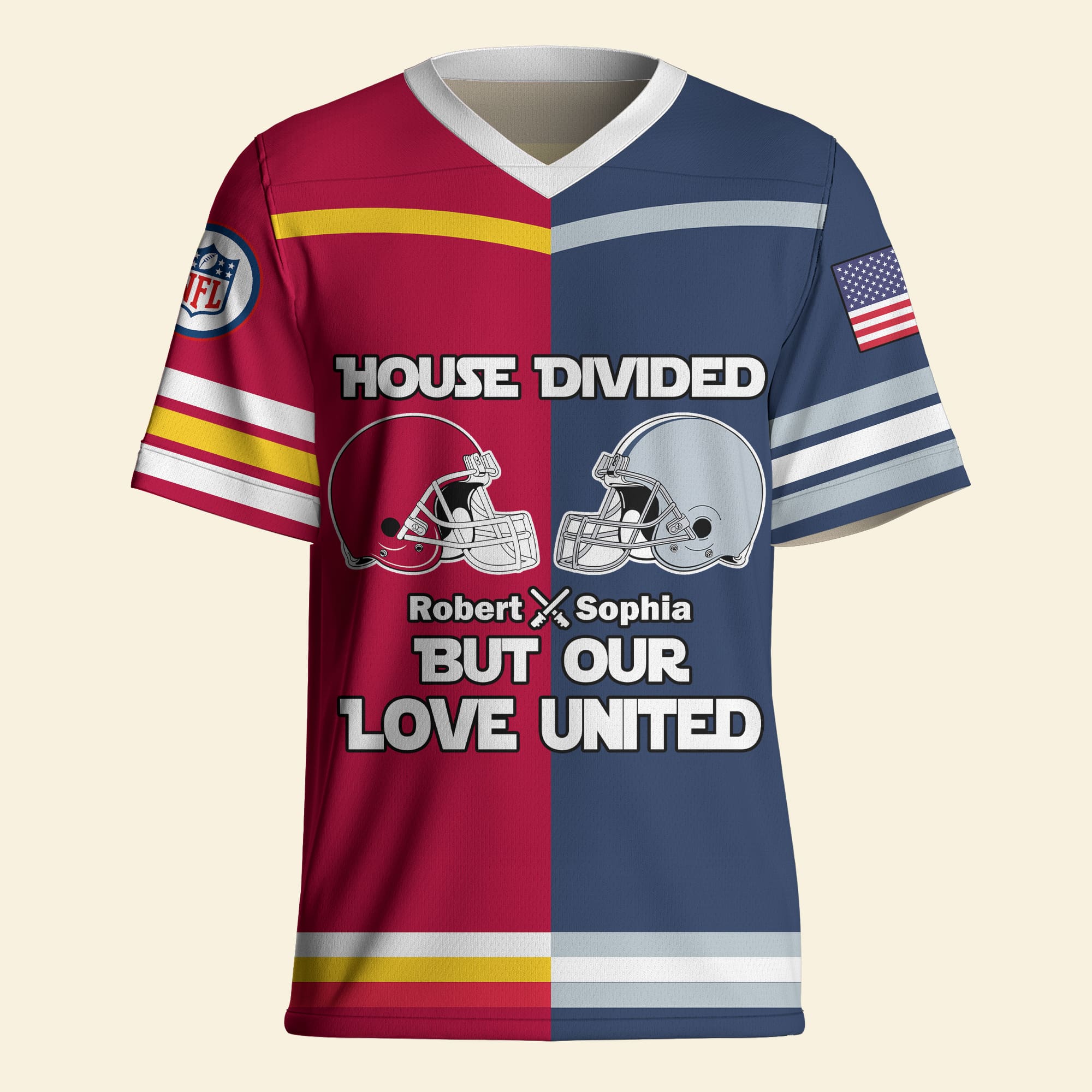 Personalized American Football Couple Jersey Shirt - House Divided But Our Love United