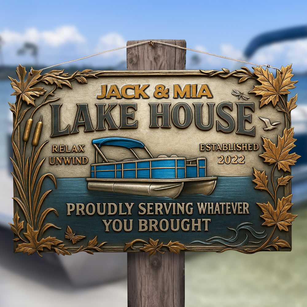 "Relax and Unwind at Your Lake House" - Personalized Metal Sign for Pontoon Lovers - Unique Gift for Boat Enthusiasts, Homeowners, and Nature Lovers Metal Signs PopCulturePrints