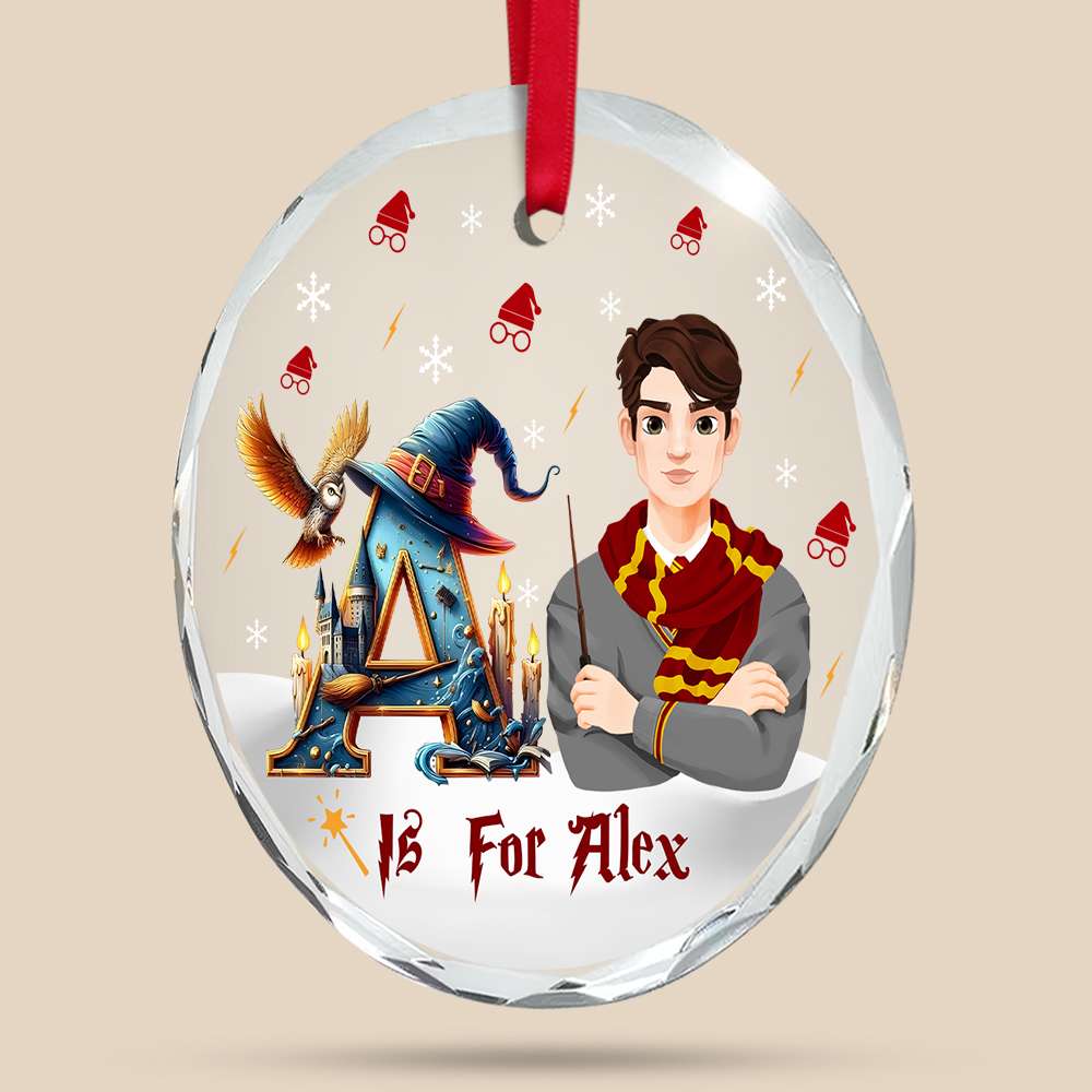 Personalized Movie Fan Crystal Glass Ornament - Christmas Wizard Theme