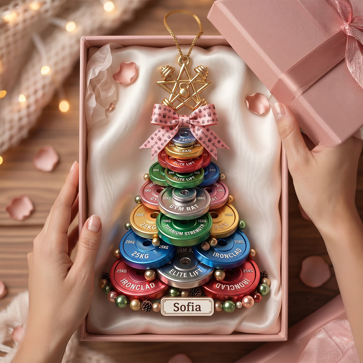 Celebrate the Strength: Weight Plate Tree Christmas Ornament – Personalize Your Gift for Gym Lovers Ornament PopCulturePrints