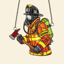 Load image into Gallery viewer, “Courageous Protector” - Personalized Firefighter Suncatcher Ornament - Unique Gifts for Firefighters Ornament PopCulturePrints
