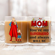 Load image into Gallery viewer, Mom, You&#39;re Our Superhero - Personalized Clear Glass Mug for Her Clear Glass Mug PopCulturePrints
