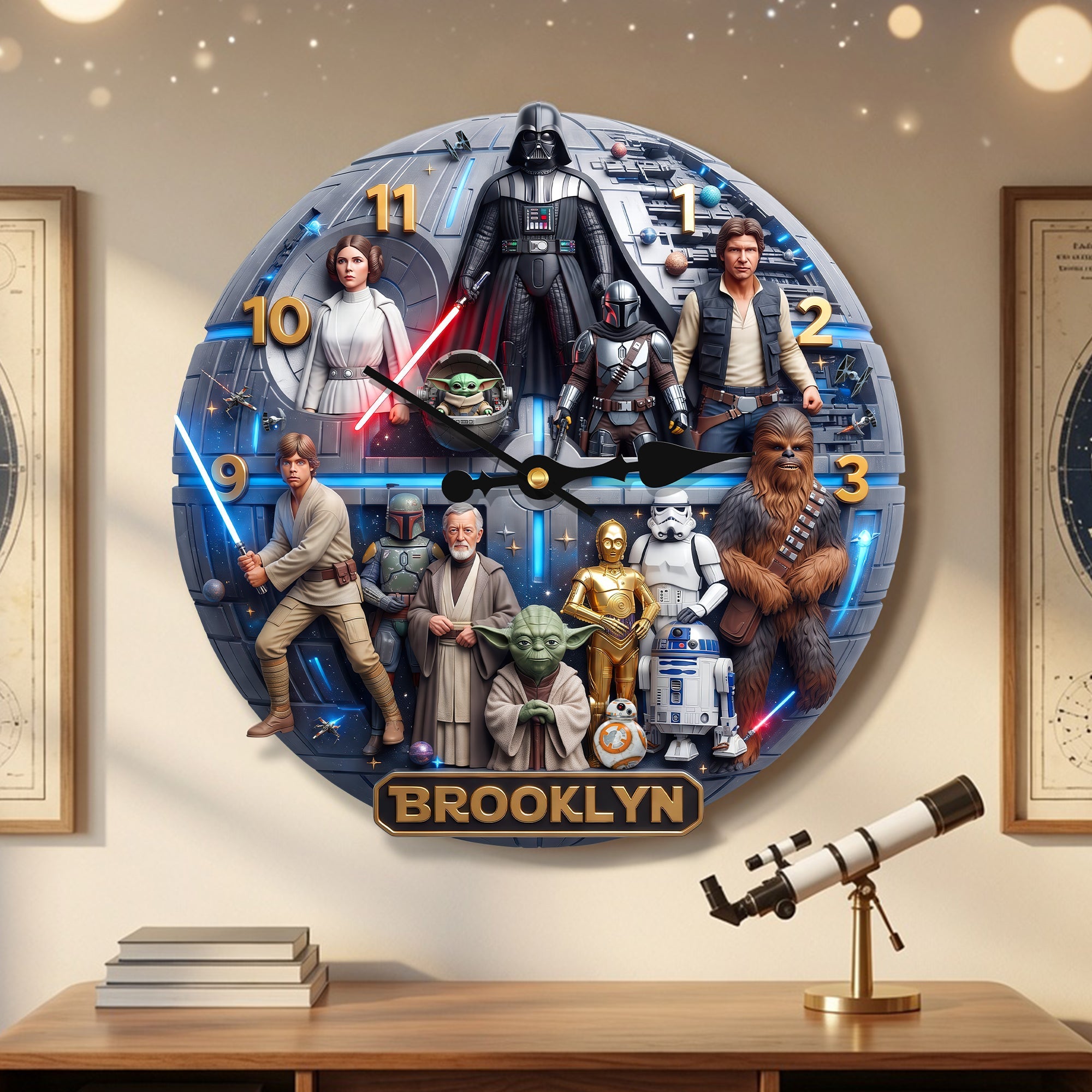 "Time to Adventure!" - Sci-Fi Universe Space Wall Clock - Personalized Gift for Star Wars Fans