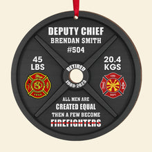 Load image into Gallery viewer, Personalized Firefighter Wood Ornament - Weight Plate Design Ornament PopCulturePrints

