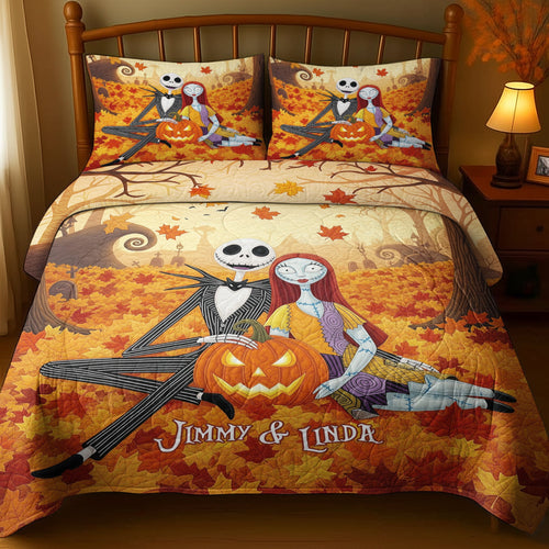 Embrace the Fall Vibes - Autumn Horror Couple Quilt Bedding Set - Personalized Gift for Couples Blanket PopCulturePrints