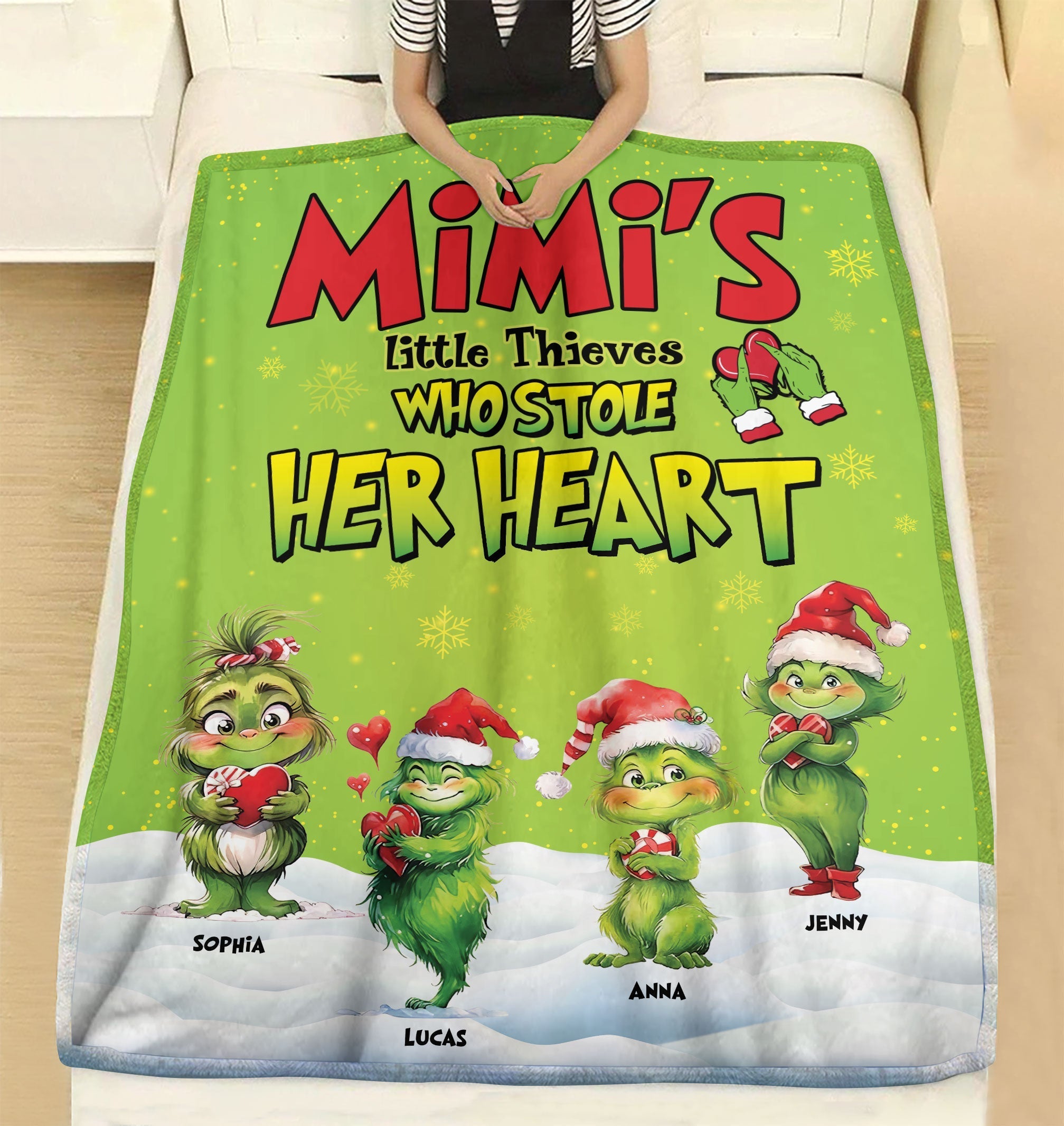 Mimi's Little Thieves who Stole Her Heart, Personalized Blanket for Grandma, Green Kids Christmas Blanket