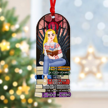 Load image into Gallery viewer, Personalized Book Lover Ornament - Girl on Books Ornament PopCulturePrints
