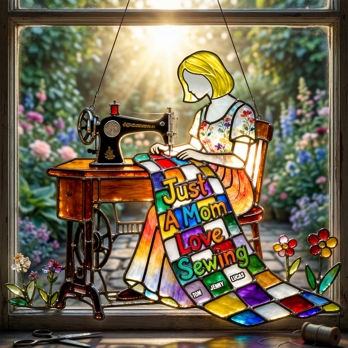 "Just a Mom Who Loves Sewing" - Personalized Suncatcher Ornament - Perfect Gift for Mom, Grandma, and Sewing Enthusiasts Ornament PopCulturePrints