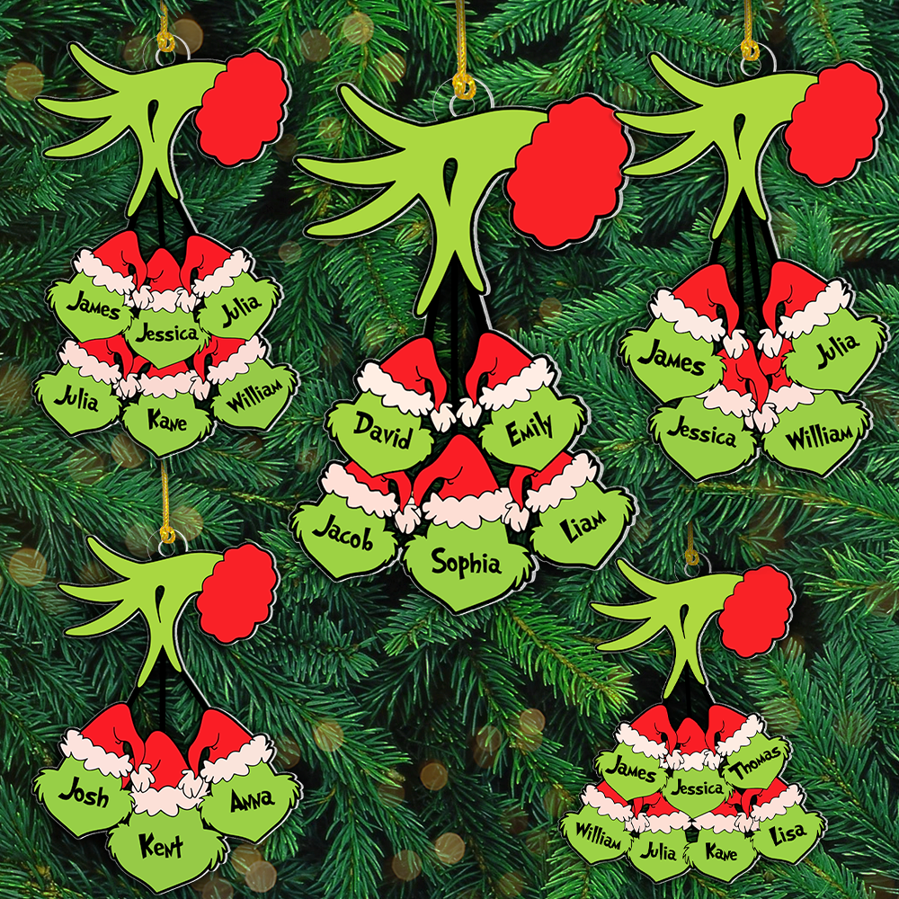 Personalized Christmas Ornament with Family Names - Grinch Hand Design