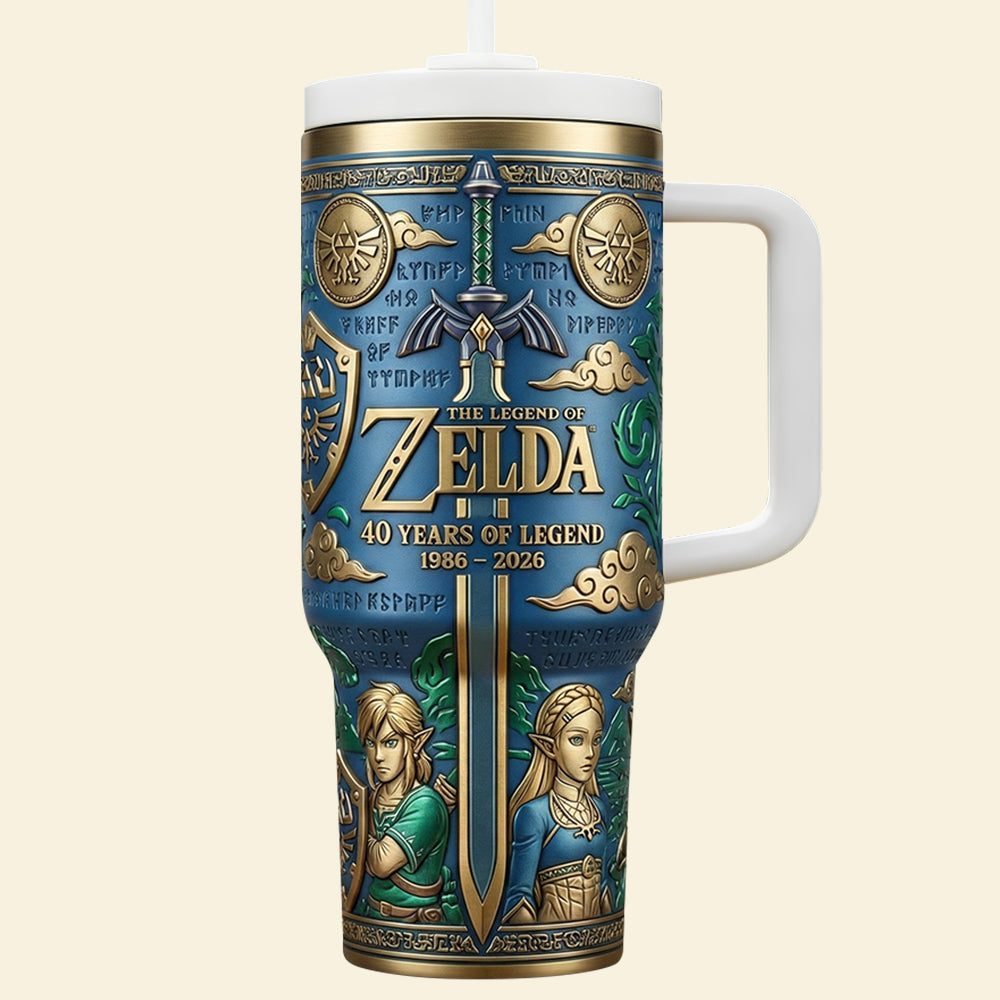 "Celebrate 40 Years of Adventure!" - Customizable Handle Tumbler for The Legend of Zelda Fans Tumbler Cup PopCulturePrints