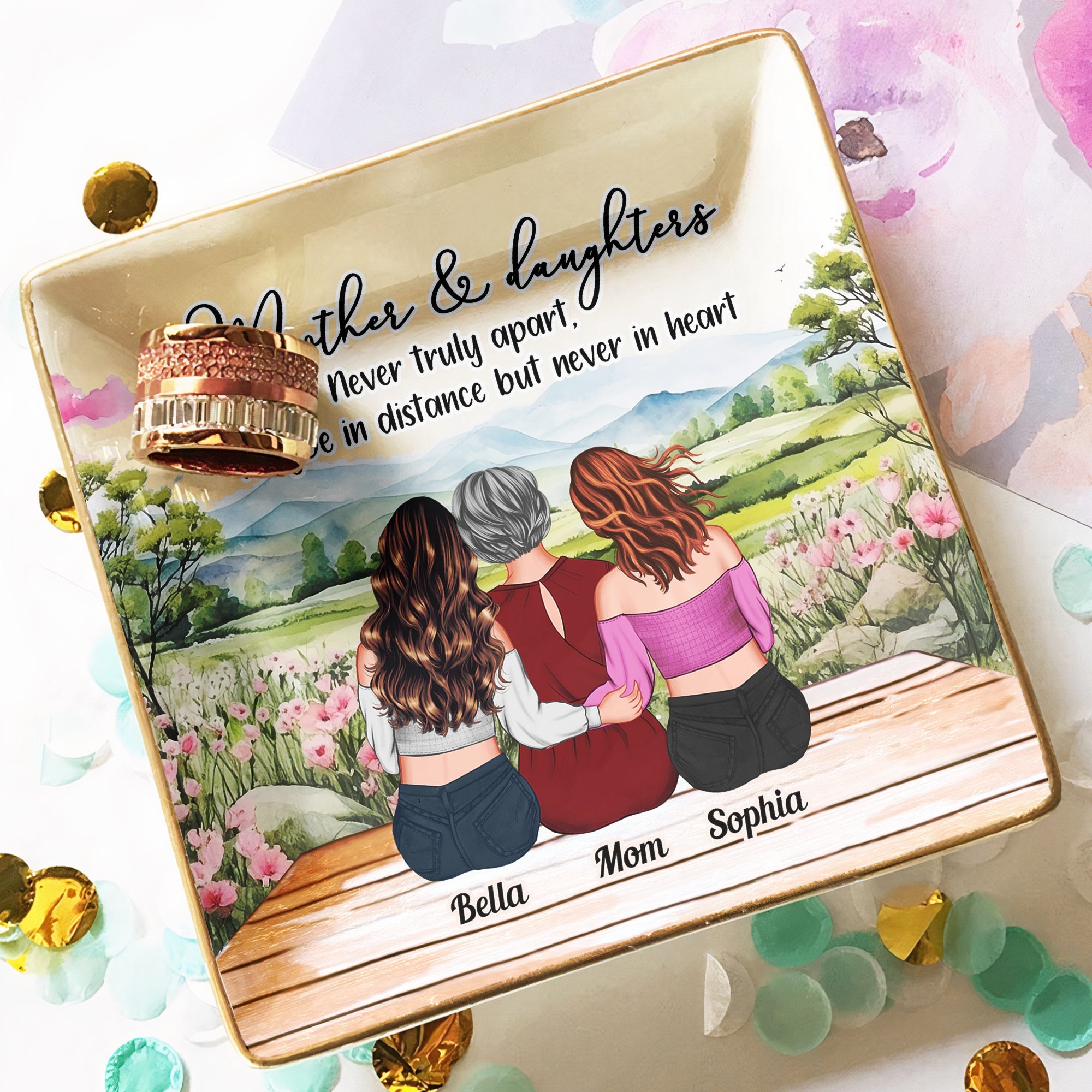 Mother & Daughters: Never Truly Apart - Personalized Jewelry Dish - Meaningful Gift for Mom, Grandma & Daughters Square Jewelry Dish_FULL PopCulturePrints