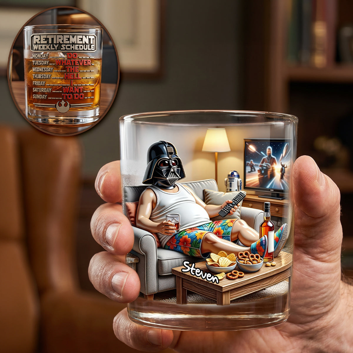 Retirement Weekly Schedule Round Glass - A Fun Personalized Gift for Relaxed Retirees Glass PopCulturePrints