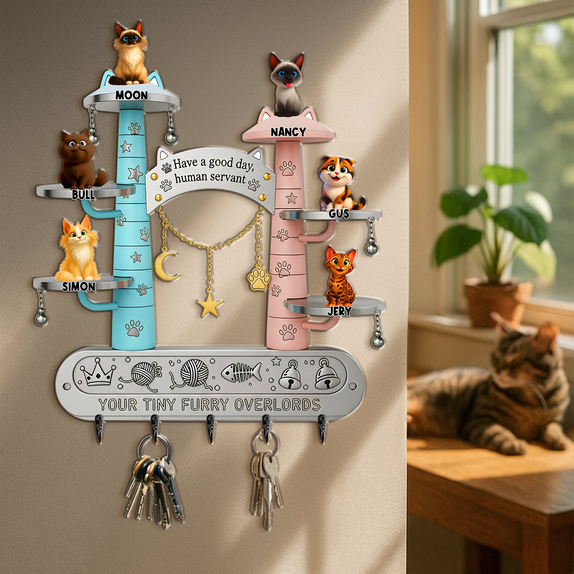 Have a Good Day, Human Servant! - Tiny Fluffy Cat Wood Key Hanger - Personalized Gift For Cat Lovers Wood Sign PopCulturePrints