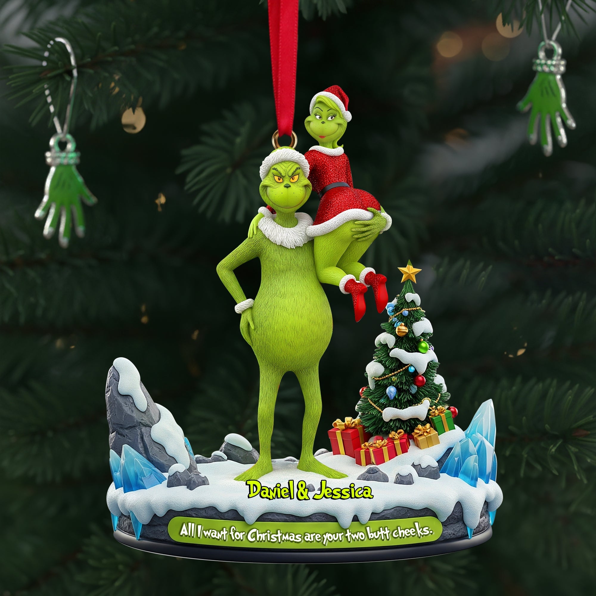 All I Want for Christmas: Hugging Green Monster Couple Ornament - Personalized Gift for Couples Ornament PopCulturePrints