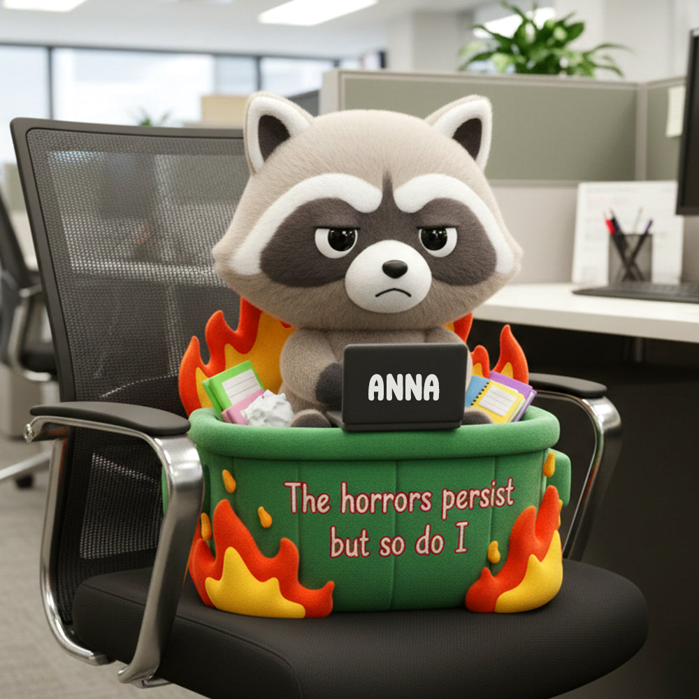 The Horrors Persist, But So Do I - Personalized Workday Raccoon Adventures Pillow for Coworkers Pillow PopCulturePrints