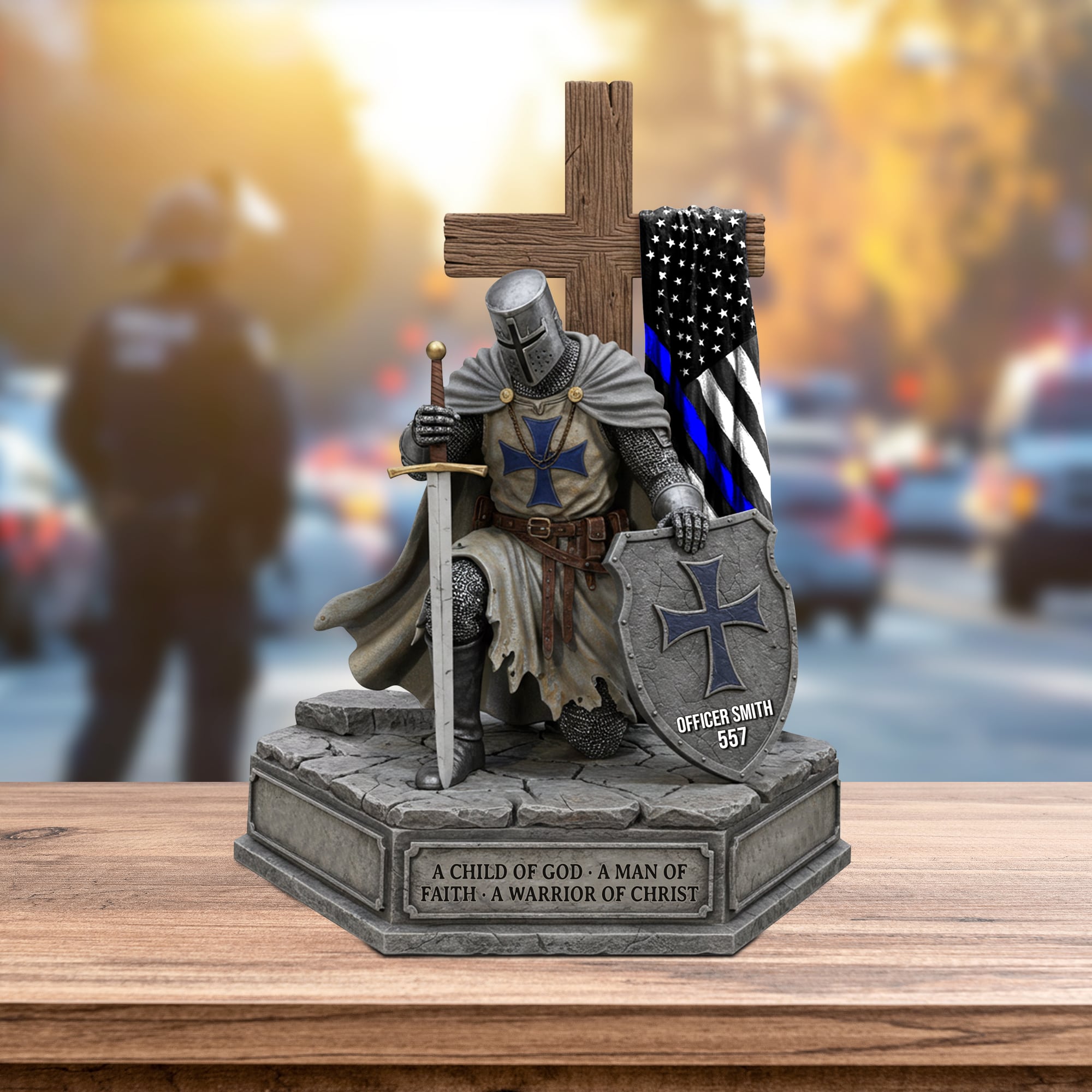 A Child of God - A Man of Faith - A Warrior of Christ | Knight Templar Kneeling Under God Plaque | Personalized Gifts for Police Officers Shaped Plaques PopCulturePrints