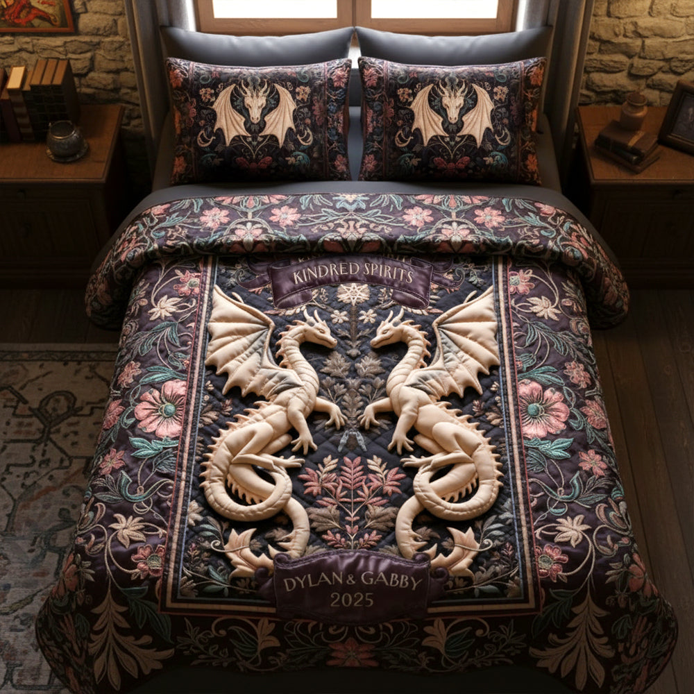 "Embrace the Magic of Togetherness" - Folk Medieval Dragon Couple Quilt Bed Set, Personalized Gift for Couples Bedding Set PopCulturePrints