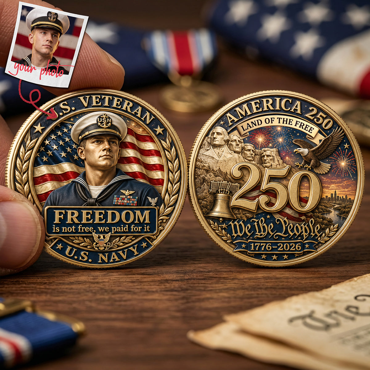 "Freedom is Not Free" - Custom Photo Veteran USA 250th Anniversary Metal Coin - Personalized Gift for Veterans and Loved Ones Coin PopCulturePrints