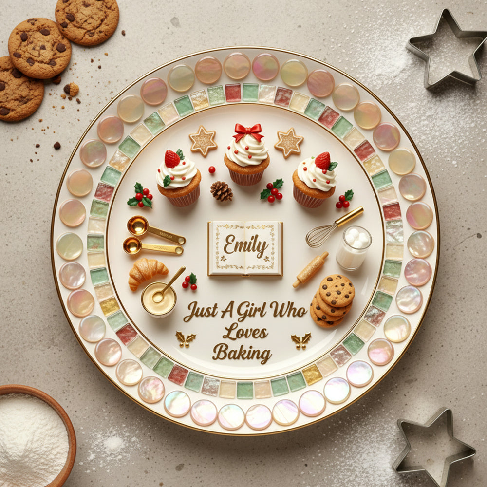 “Just A Girl Who Loves Baking” – Personalized Ceramic Round Plate for Baking Enthusiasts Ceramic Round Plate PopCulturePrints