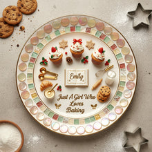 Load image into Gallery viewer, “Just A Girl Who Loves Baking” – Personalized Ceramic Round Plate for Baking Enthusiasts Ceramic Round Plate PopCulturePrints
