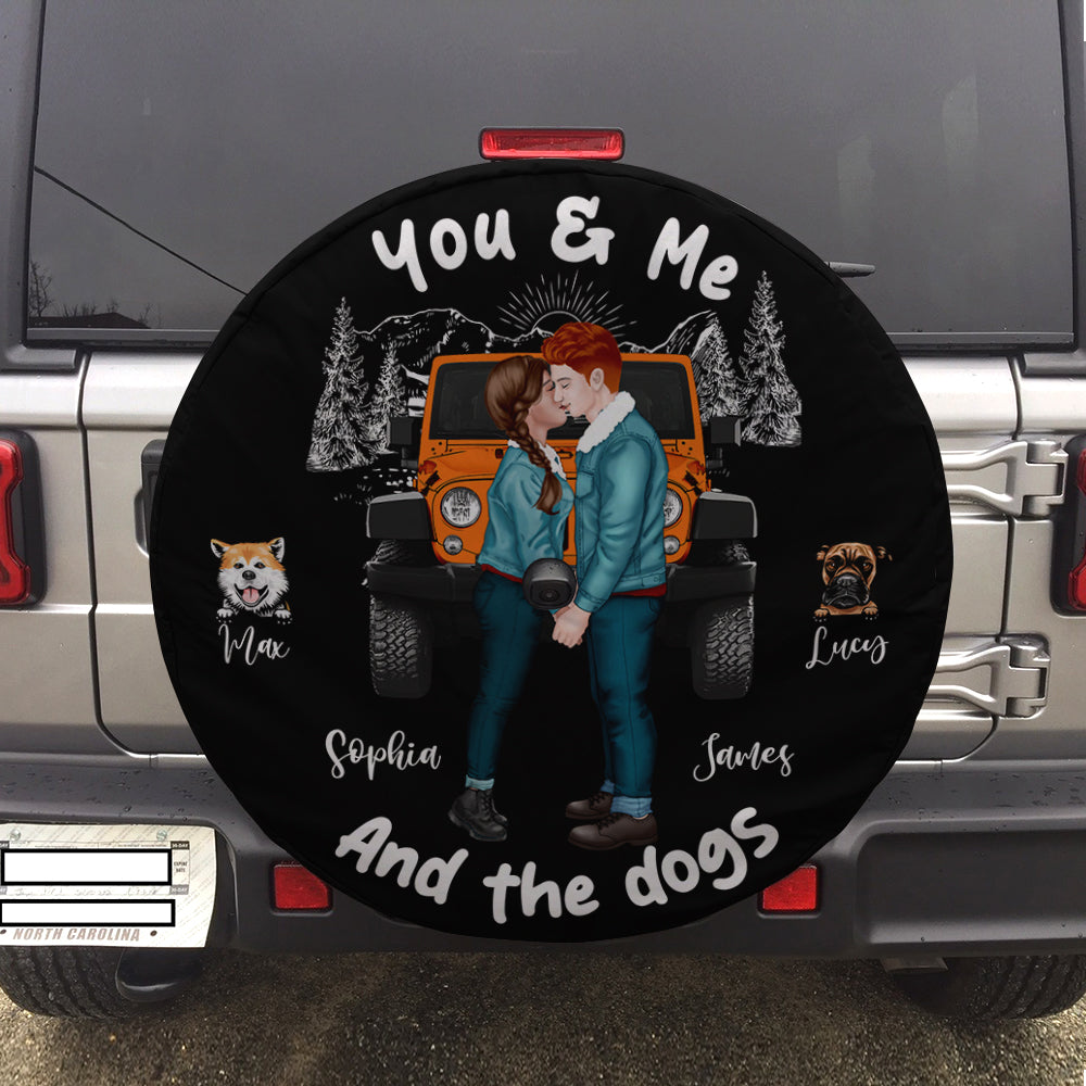 Personalized Couple and Dogs Tire Cover – Custom Names and Vehicle Design