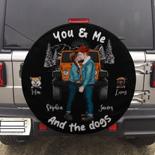 Load image into Gallery viewer, Personalized Couple and Dogs Tire Cover – Custom Names and Vehicle Design
