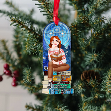 Load image into Gallery viewer, Personalized Christmas Book Lover&#39;s Ornament - Girl Reading on Book Stack Ornament PopCulturePrints
