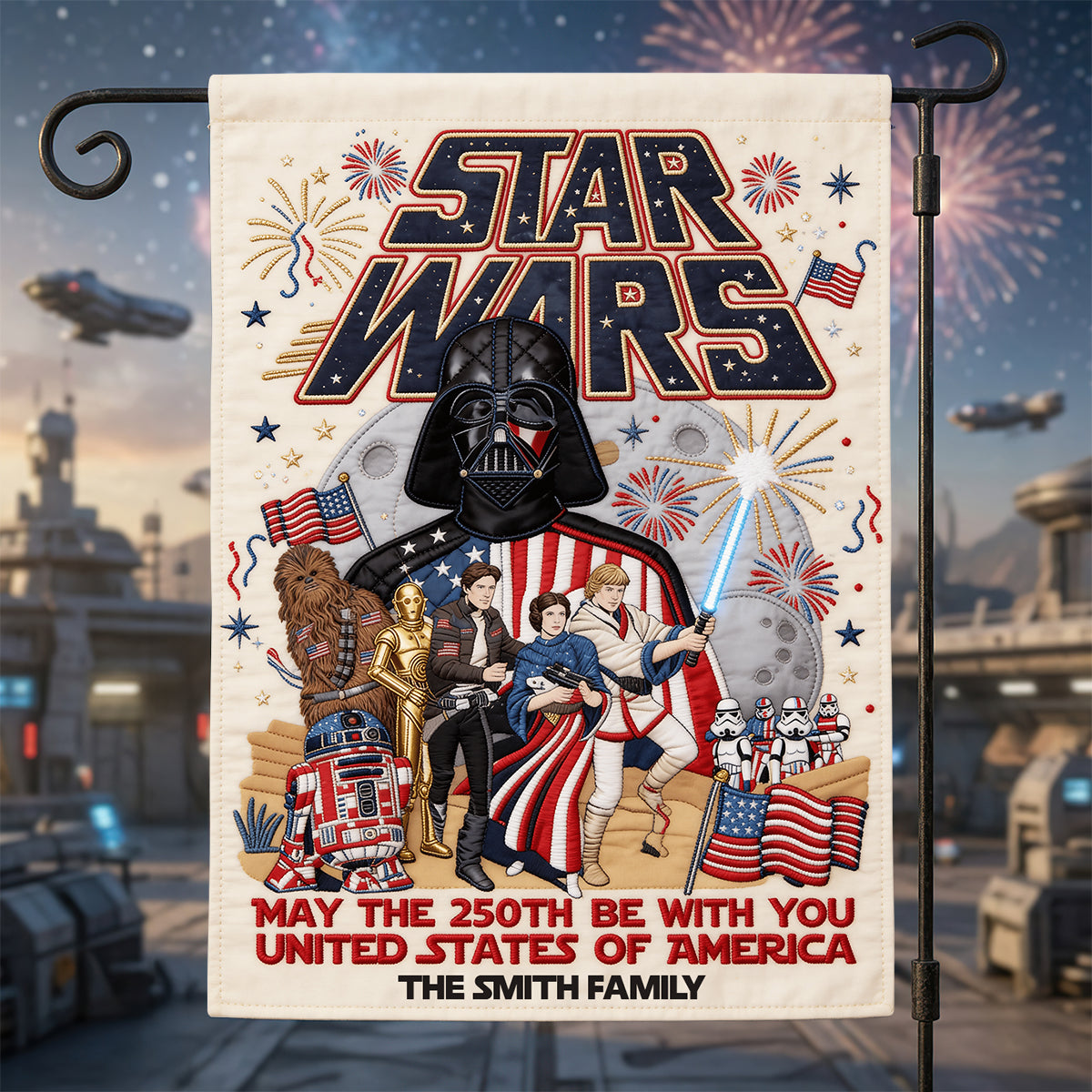 “May the 250th Be With You” - USA 250th Anniversary Garden Flag - Personalized Gift for Star Wars Fans & Patriotic Families Garden Flag PopCulturePrints