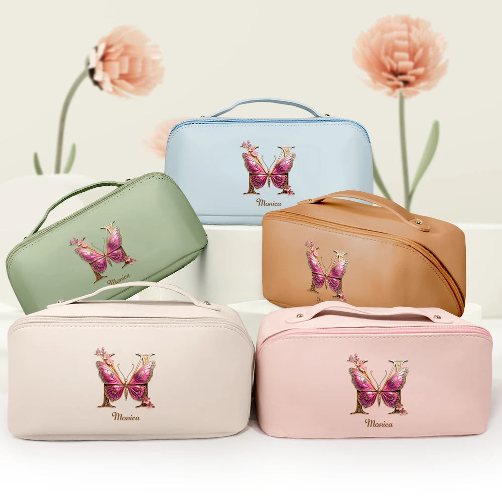 Embrace Elegance: Flower Butterfly Monogram - Personalized Leather Makeup Bag Leather Makeup Bag PopCulturePrints