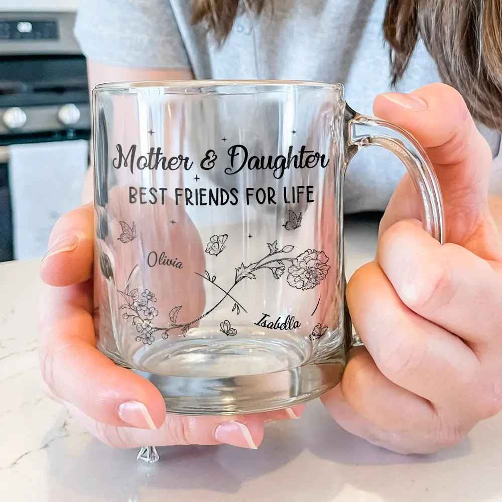 Mother & Daughter Forever Linked Together - Personalized Glass Mug Glass Mug PopCulturePrints