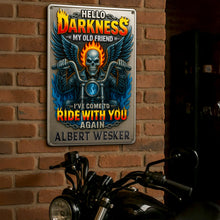 Load image into Gallery viewer, Hello Darkness, My Old Friend – Personalized Skull Flame Metal Sign for Motorcycle Lovers Metal Signs PopCulturePrints
