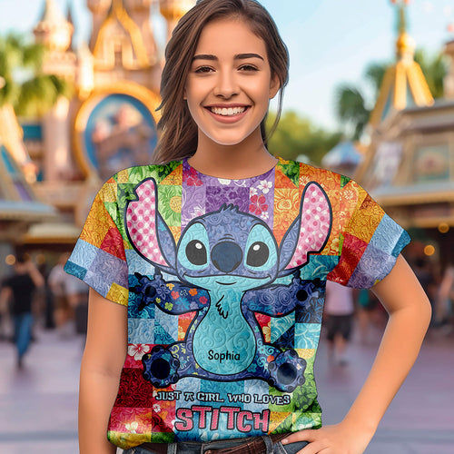 “Just A Girl Who Loves Stitch” - Personalized Cute Blue Monster Shirt - Custom Gifts for Movie Lovers AOP Products PopCulturePrints