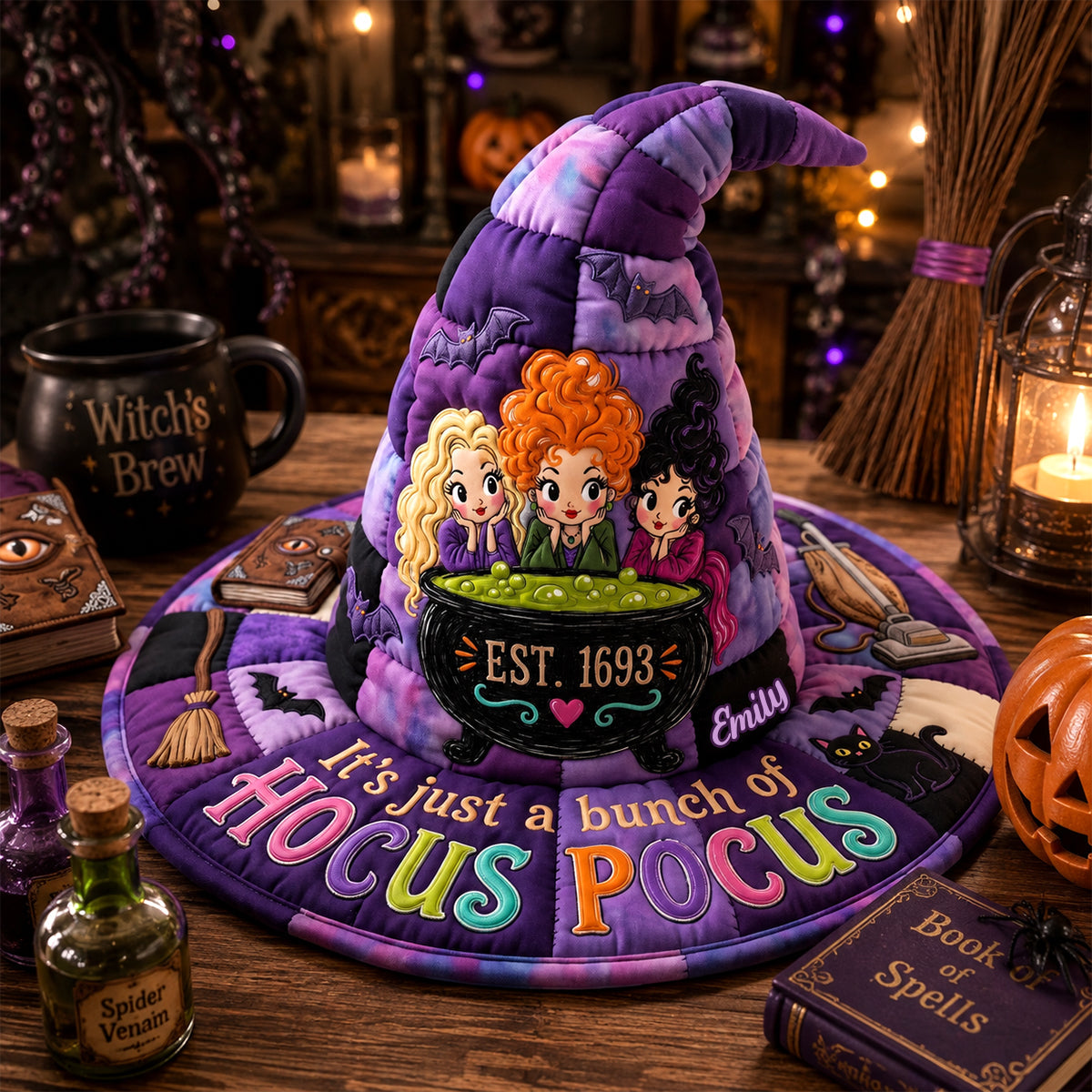 "It's just a bunch of Hocus Pocus" - Charming Quilted Witch Hat, Personalized Halloween Gift Quilted Witch Hat PopCulturePrints