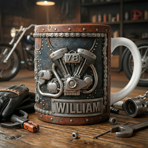 Rev Up Your Day: Personalized Motorcycle Engine Coffee Mug - Unique Gift for Bikers, Riders, and Motorcycle Enthusiasts Coffee Mug PopCulturePrints