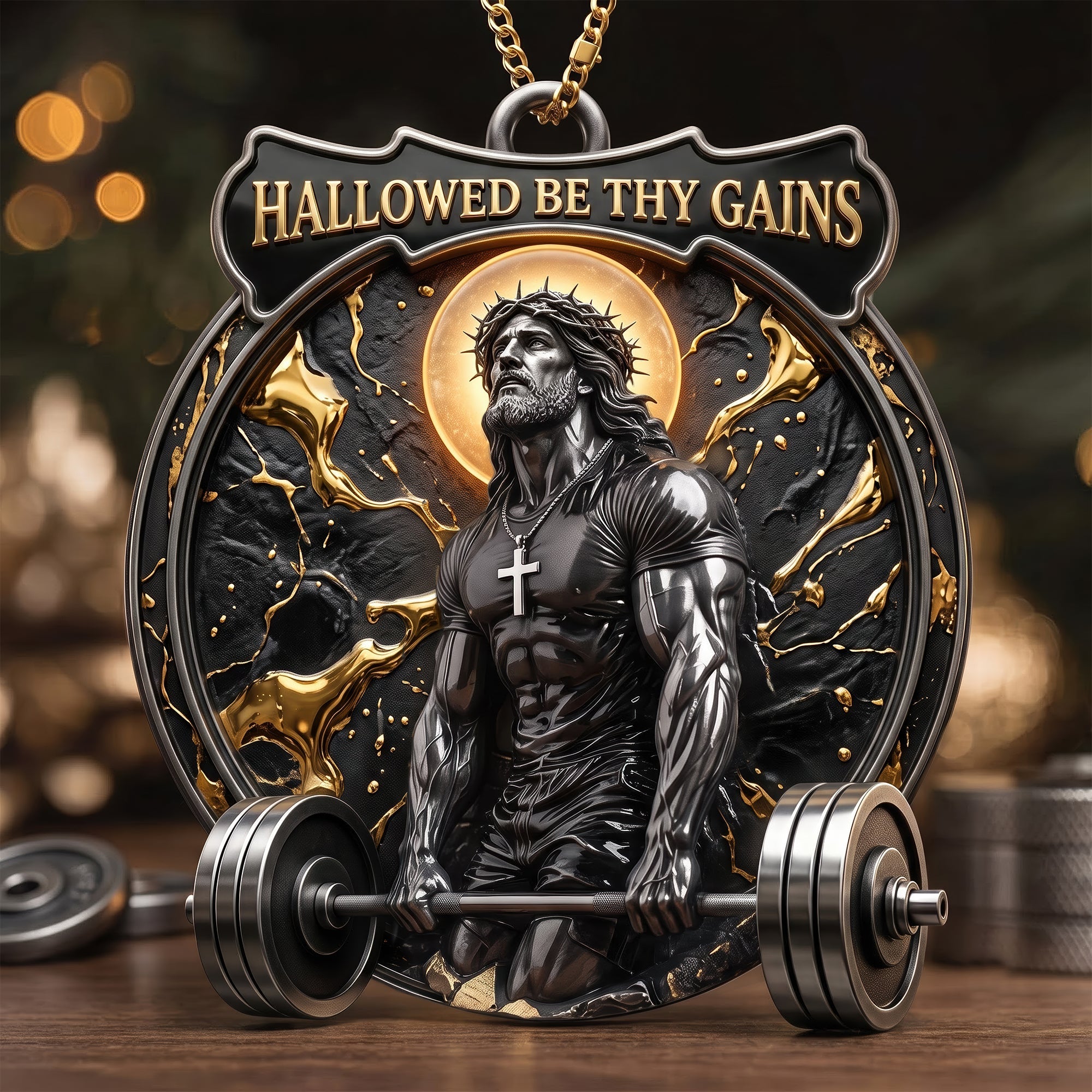 Hallowed Be Thy Gains - Personalized Acrylic Ornament for Fitness Enthusiasts & Weightlifting Lovers