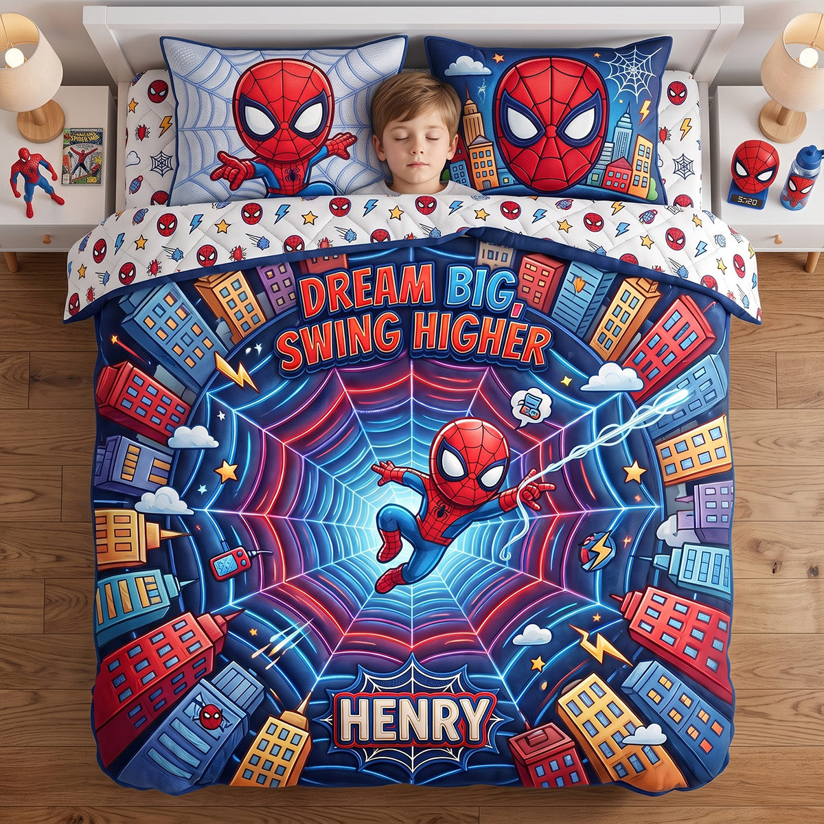 Dream Big, Swing Higher - Personalized Spider-Man Quilt Bed Set for Kids Bedding Set PopCulturePrints