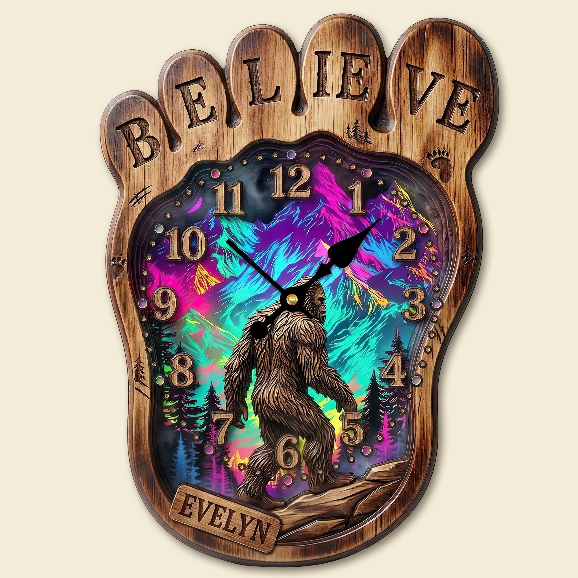 "Believe in the Legend" - Sasquatch Acrylic Hanging Wall Clock - Personalized Gift for Bigfoot Lovers Hanging Wall Clock PopCulturePrints