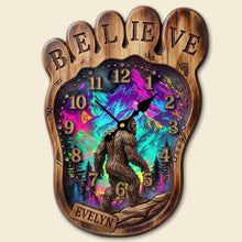 Load image into Gallery viewer, "Believe in the Legend" - Sasquatch Acrylic Hanging Wall Clock - Personalized Gift for Bigfoot Lovers Hanging Wall Clock PopCulturePrints
