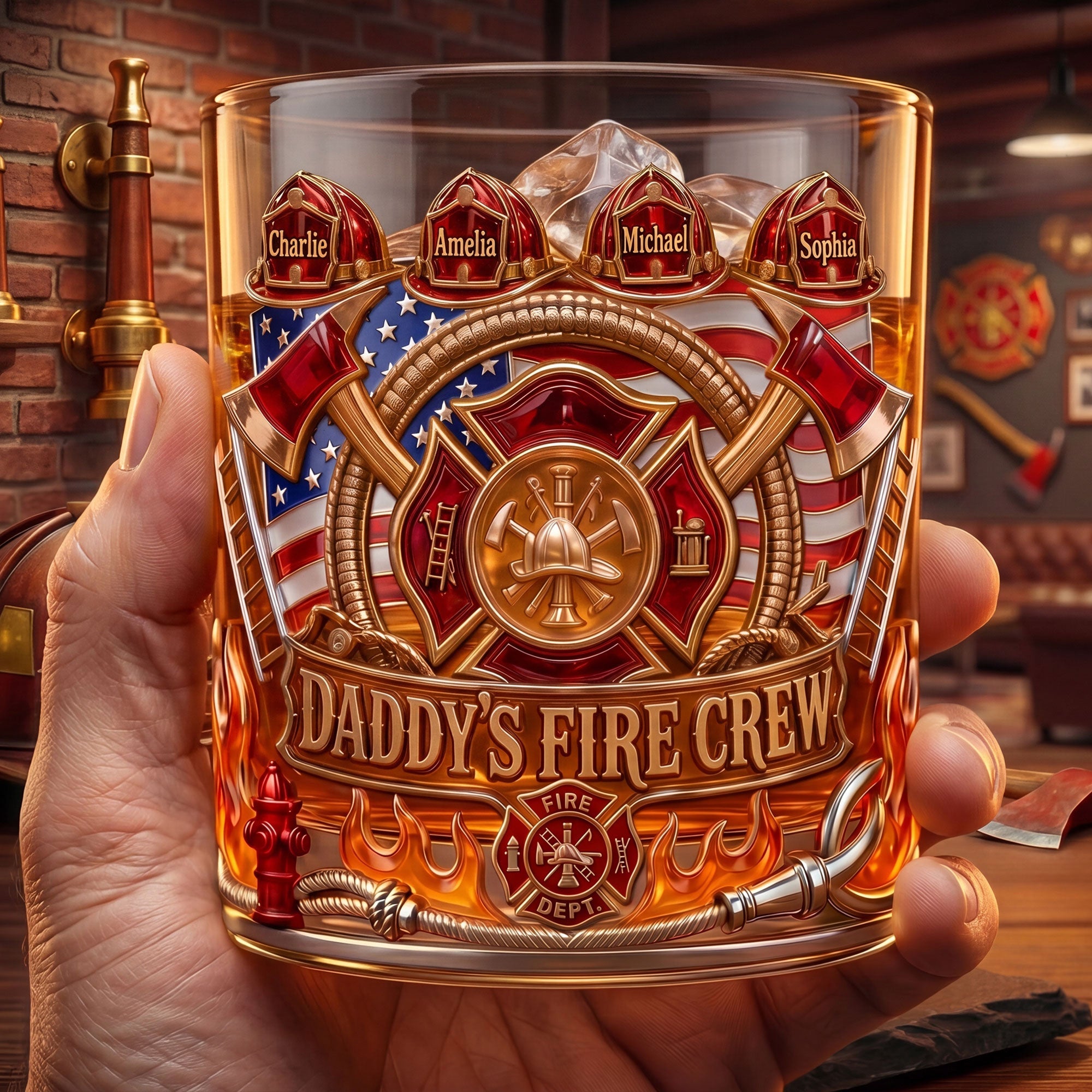 “Together We Stand, United We Sip” - Firefighter Daddy’s Crew Glass Mug Personalized Gift for Dads & Grandpas Glass PopCulturePrints