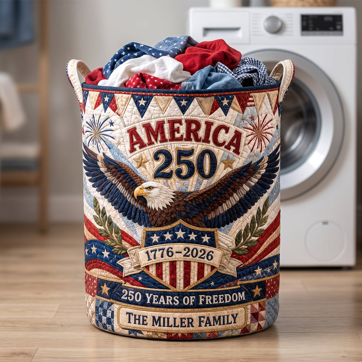 "Celebrate Freedom with Pride - Personalized America 250th Anniversary Quilted Laundry Basket - A Perfect Gift for Patriotic Families"