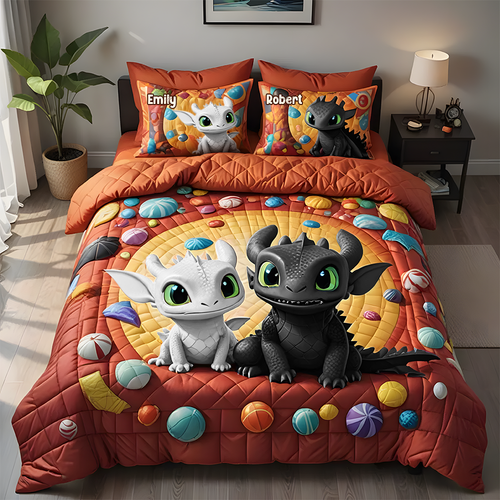 Personalized Couple Quilt Bed Set – Dreamy Dragon Adventure Blanket PopCulturePrints