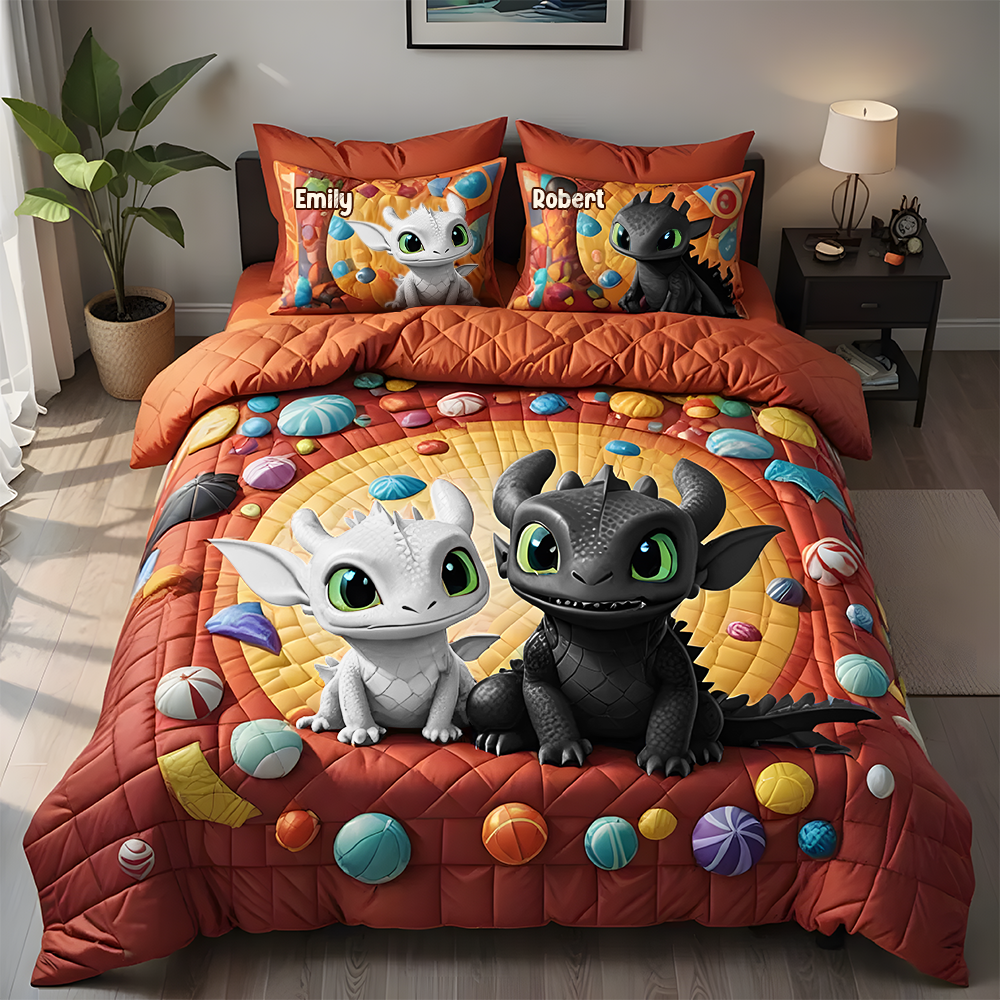 Personalized Couple Quilt Bed Set – Dreamy Dragon Adventure Blanket PopCulturePrints